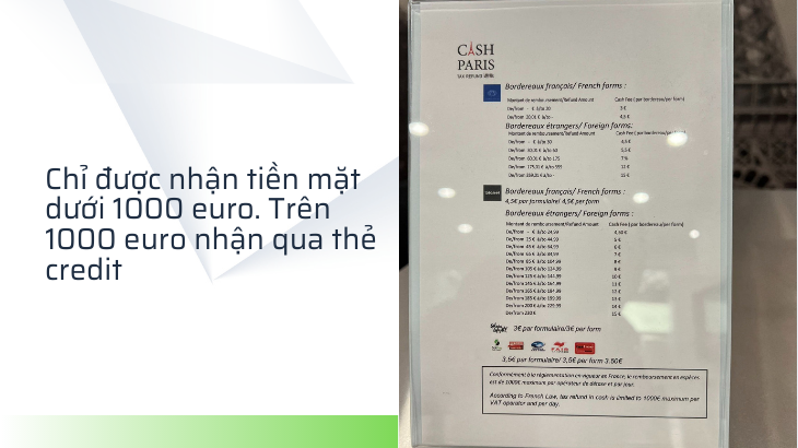 Quy định tiền mặt được lấy hoàn thuế không quá 1000 euro